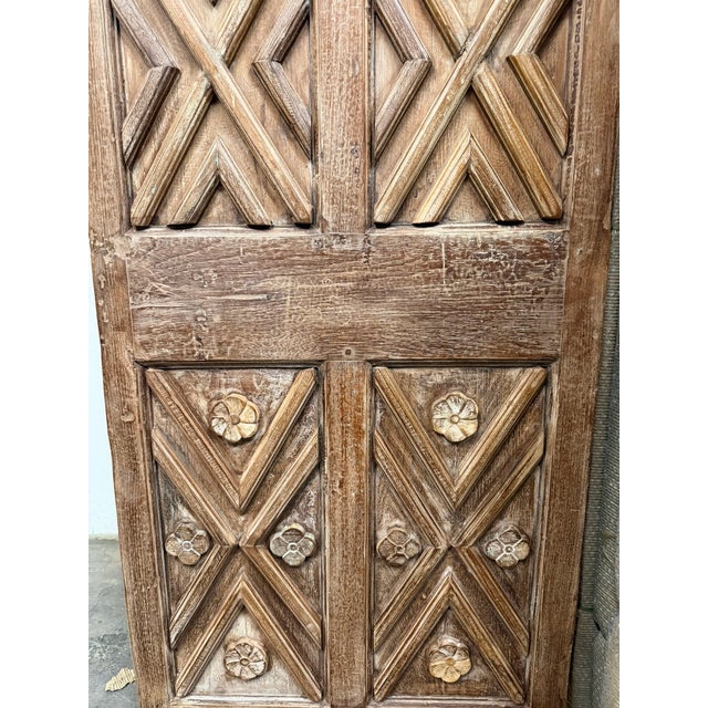 Wood Antique Rustic Geometric Chevron Hand-Carved Wooden Doors 80x30 For Sale - Image 7 of 7