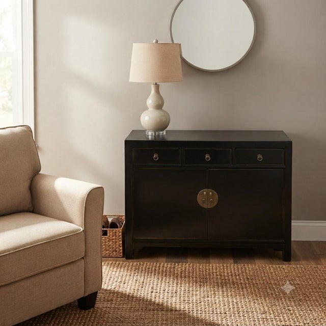 Oriental Black Lacquer 3 Drawers MoonFace Console Credenza Sideboard For Sale In San Francisco - Image 6 of 15