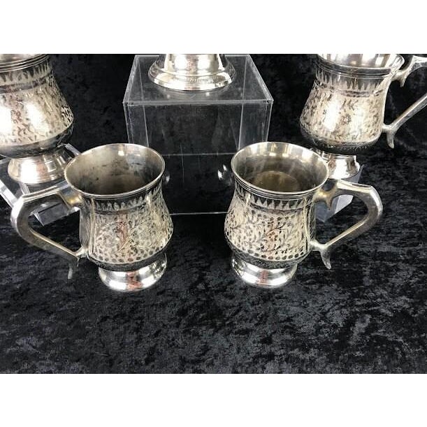 Antique Anglo-Indian Hand-Chased Silver-Plate Pitcher & Pedestal Tankard Set - 5 Pieces For Sale In Phoenix - Image 6 of 9
