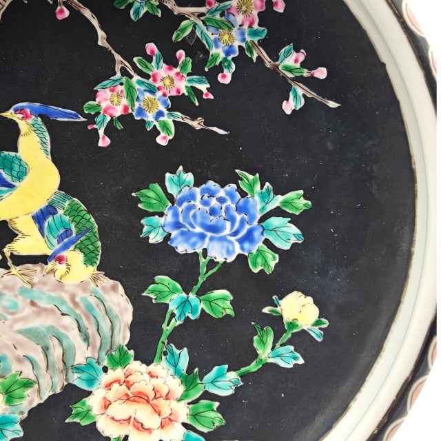 Black Nippon-Style Moriage 11-Inch Black-Ground Bowl With Birds and Peonies For Sale - Image 8 of 17
