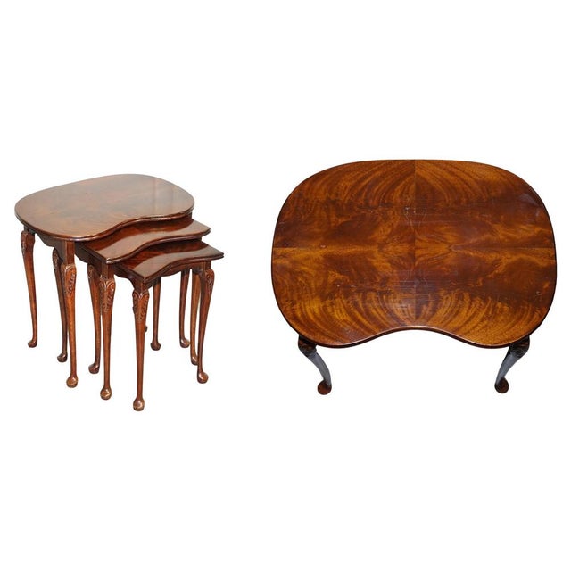 Vintage Kidney Shape Flamed Mahogany Nest of Three Tables with Queen Anne Legs, Set of 3 For Sale - Image 15 of 15