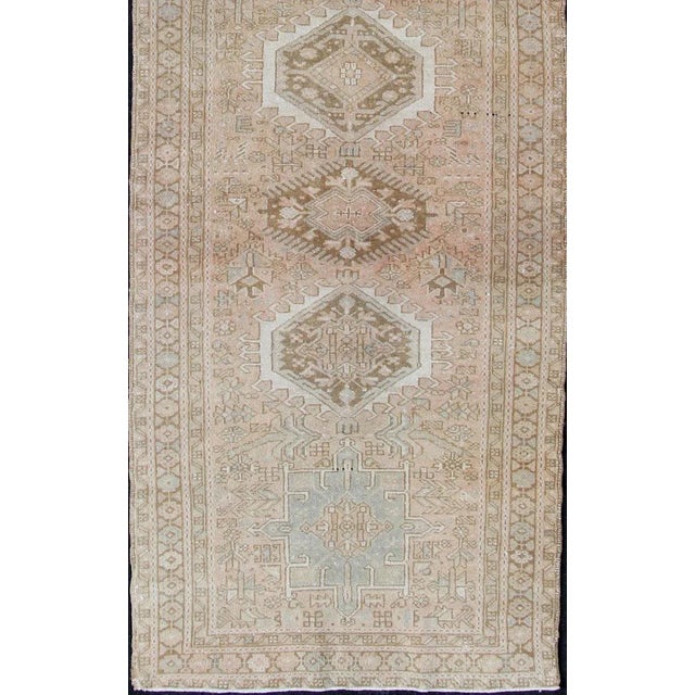Tribal Vintage Persian Karajeh Runner With Geometric Medallion Design in Soft Neutral For Sale - Image 3 of 13