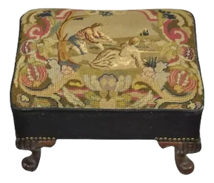 Antique French Figural Needlepoint Box Footstool Ottoman on Mahogany Legs