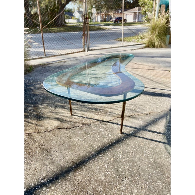 Mid-Century Modern Rare Boomerang Coffee Table With Thick Glass Top + Tall Brass Legs | Mid Century Modern For Sale - Image 3 of 13