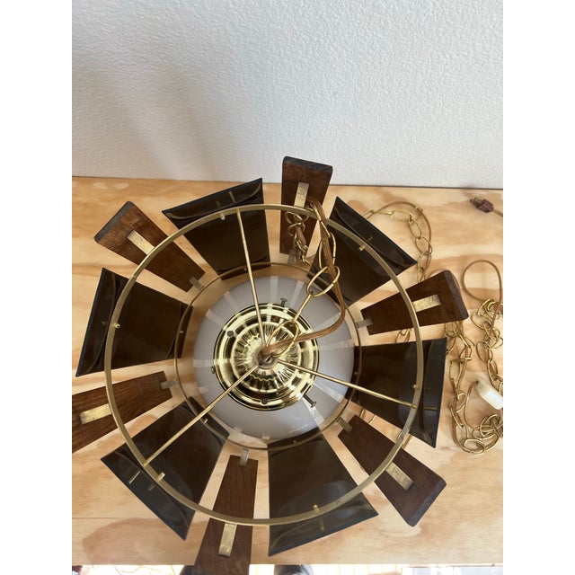 Wood 1970s Mid-Century Modern Swag Lamp Light With Smoked Lucite & Wood Panels For Sale - Image 7 of 12