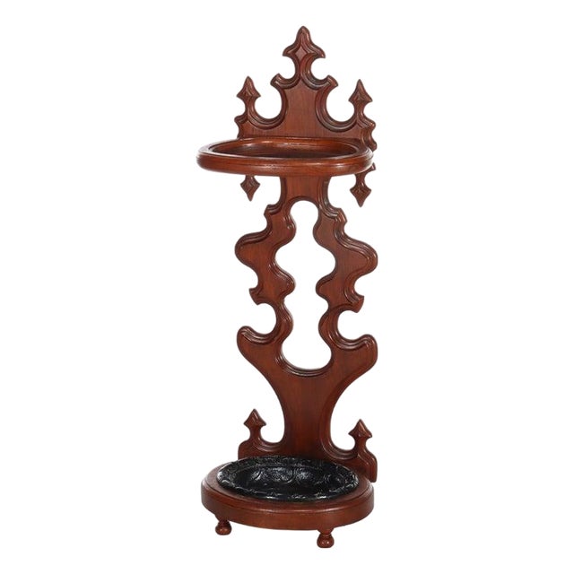 Antique Rococo Walnut Umbrella Stand With Cast Iron Tray C1890 For Sale