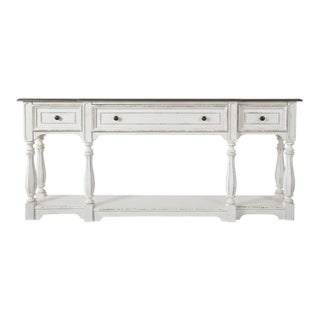 French Country Distressed White Console Table With Dark Wood Top For Sale