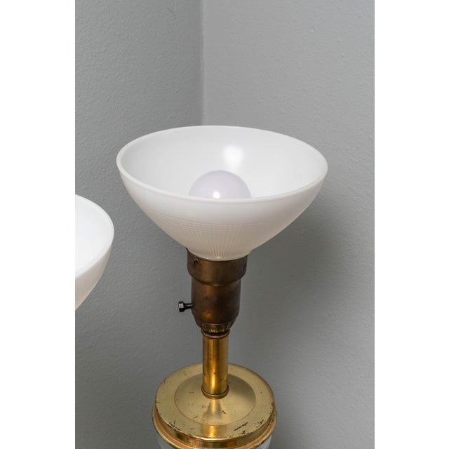 Brass Vintage Brass & Glass Column Table Lamps – Paul Hanson Style – Milk Glass Shades – 3-Way - a Pair For Sale - Image 8 of 18