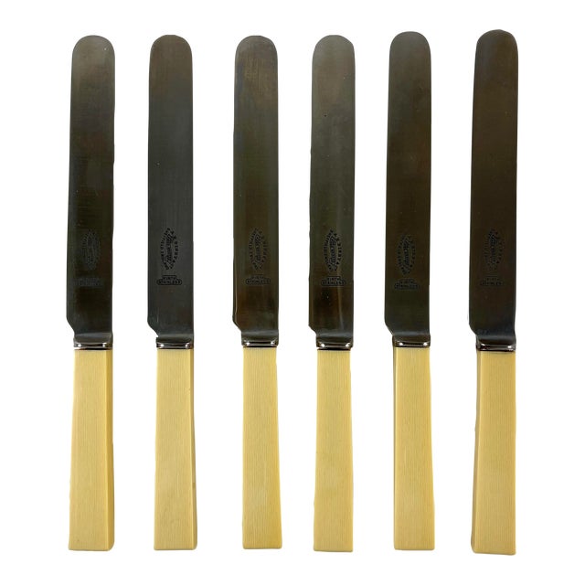 1920s English Bisby Art Deco Celluloid Ivory Handled Table Knives