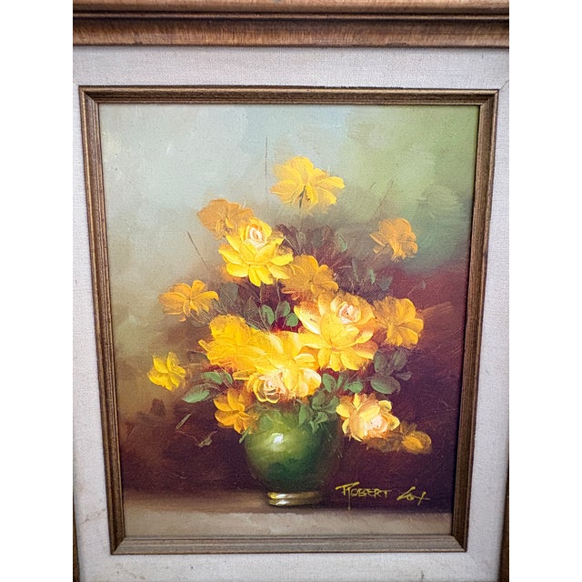 Charming vintage original floral still life painting signed Robert Cox at lower right. A lush arrangement of golden yellow...