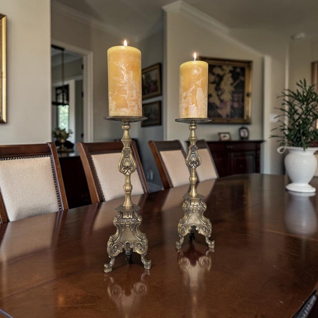 Metal Antique Belle Epoque Bronze Altar Candle Holders-a Pair For Sale - Image 7 of 17