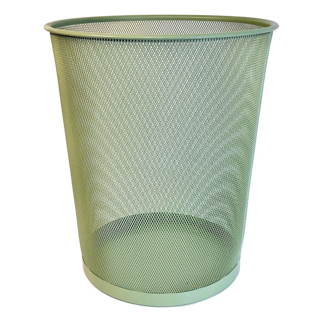 1990s Vintage Contemporary Modern Metal Mesh Wastebasket in Sage Green For Sale