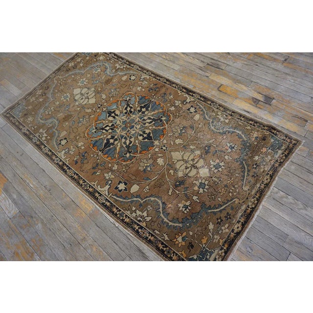 Shabby Chic Lovely Traditional Camel Color Background and Dark Blue Border Floral Design Century Persian Tabriz Rug For Sale - Image 3 of 11