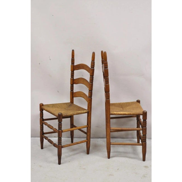 Antique Ladderback Primitive Rustic Oak Wood Rush Seat Dining Chairs - Set of 4 For Sale - Image 9 of 11