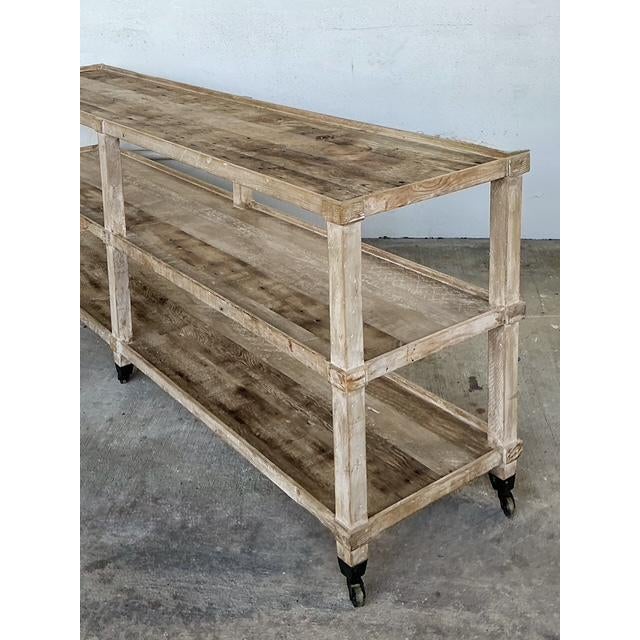 Vintage Rustic Plank Wood Three Tier Console on Casters For Sale - Image 10 of 12