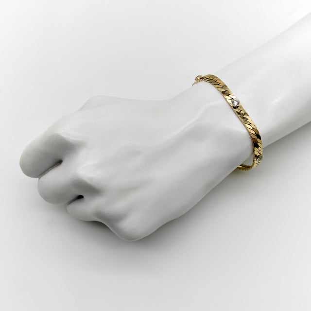 Vintage 14k Gold Herringbone Link Diamond Bracelet For Sale - Image 9 of 9