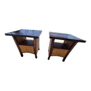 Mid-Century Modernist Rattan and Wood Side Tables For Sale