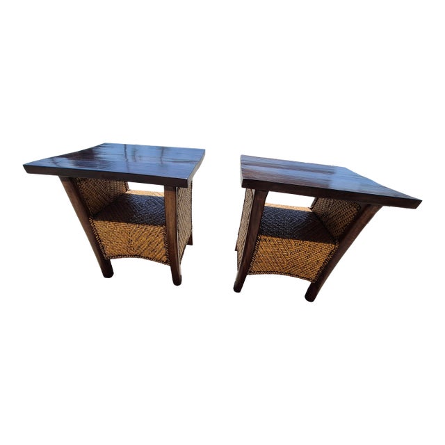 Mid-Century Modernist Rattan and Wood Side Tables For Sale