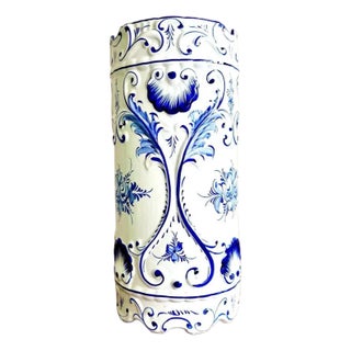 Vintage Boho Delft-Style Hand Painted Ceramic Umbrella Stand For Sale