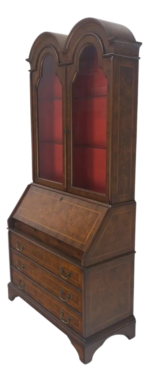 Double Bonnet Dome Top Burl Wood 3 Drawer Drop Front Secretary Desk 1900s Clean!