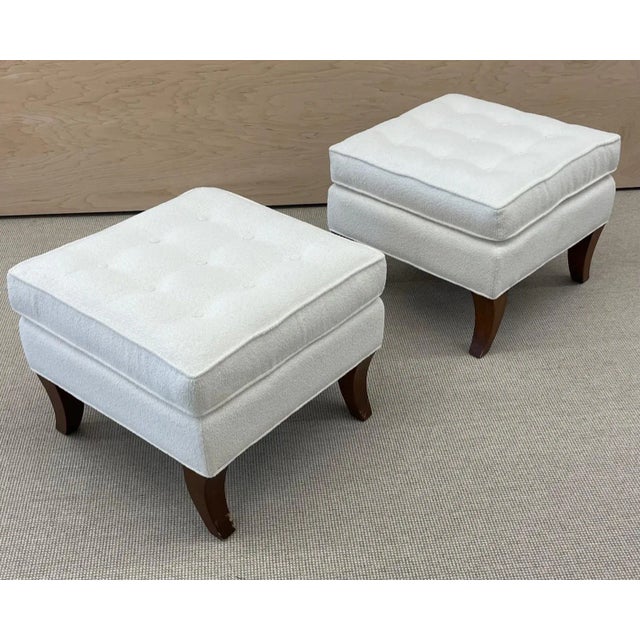 Mid-Century Modern Mid-Century Modern American Designer Tufted Ottomans, Stools, Walnut, Bouclé For Sale - Image 3 of 13
