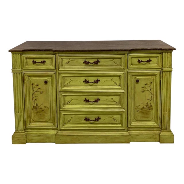 20th-C. Patina Style Hand Painted Italian Marble Top Chinoiserie Sideboard / Credenza For Sale