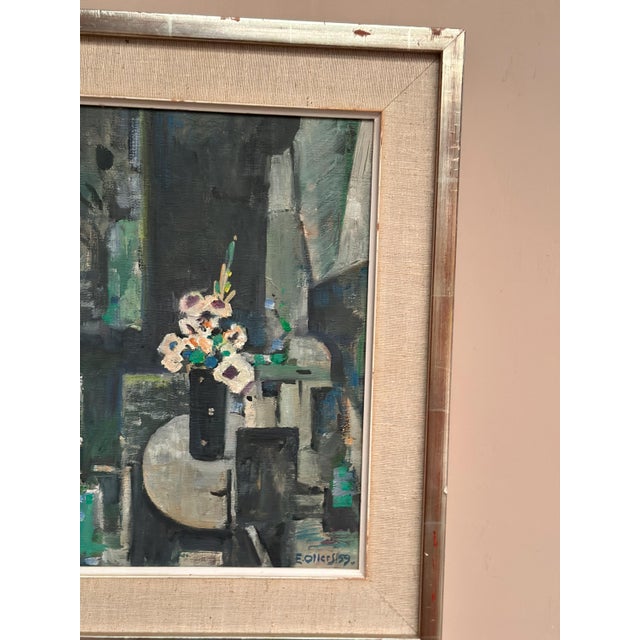Edvin Ollers, White Blossom in Black Vase, 1959, Oil on Canvas, Framed For Sale - Image 9 of 18