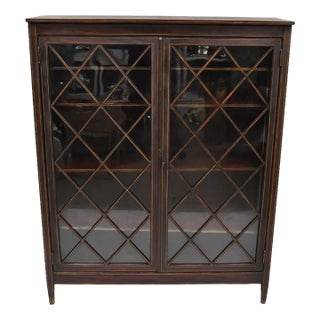 Antique Edwardian Mahogany Lattice Inlaid 2 Door Closed Bookcase For Sale