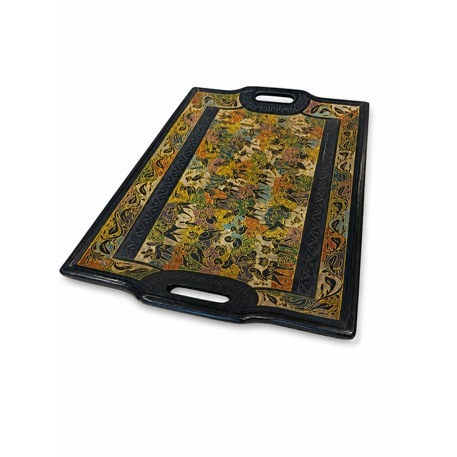 Wood Vintage Black Folk Art Style Floral Serving Tray With Handles For Sale - Image 7 of 7