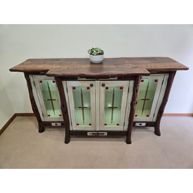 Diane Ross Signed Rustic Breakfront Credenza-Reclaimed Oak & Fused Glass Art For Sale - Image 13 of 18