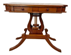 1960s Console Table Lyre Violin Double Harp Pedestal Base Two Drawers Carved Walnut