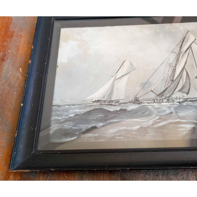 Black 19th Century Oil Painting of America's Cup Yacht Race in Grisaille Palette For Sale - Image 8 of 17