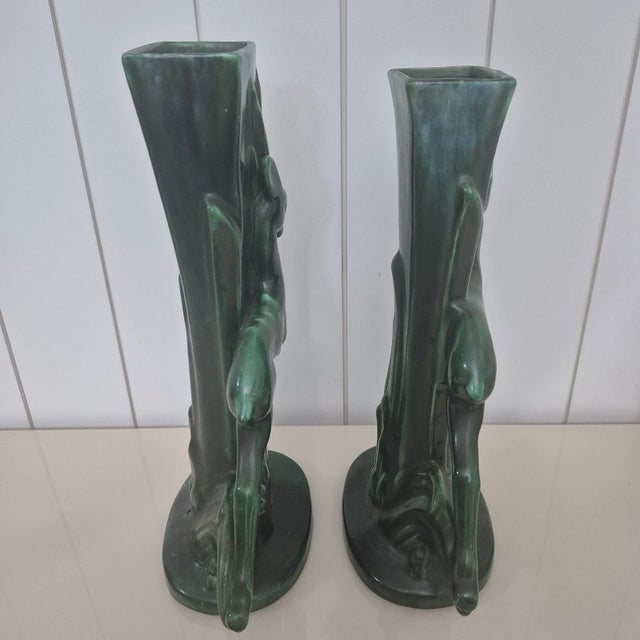 Royal Haeger Royal Haeger Pottery Leaping Gazelle ~ Green Pottery Vase [ Pair] 1950s For Sale - Image 4 of 5