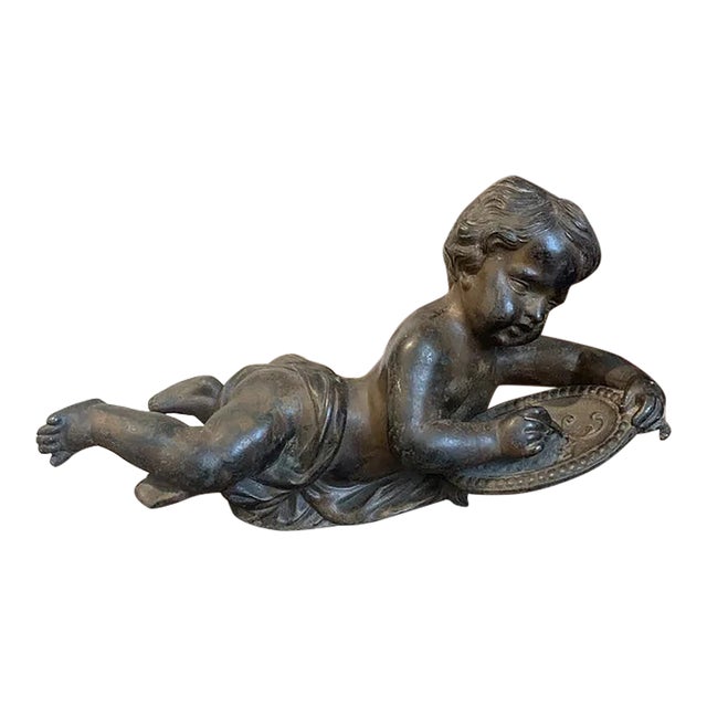 18thc French Antique Renaissance Bronze Sculpture "Reclining Cherub Artist" For Sale
