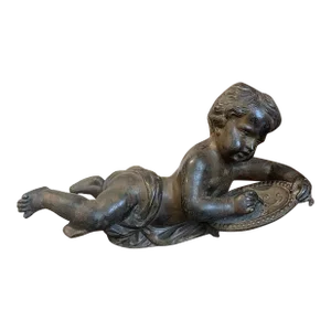 18thc French Antique Renaissance Bronze Sculpture "Reclining Cherub Artist"
