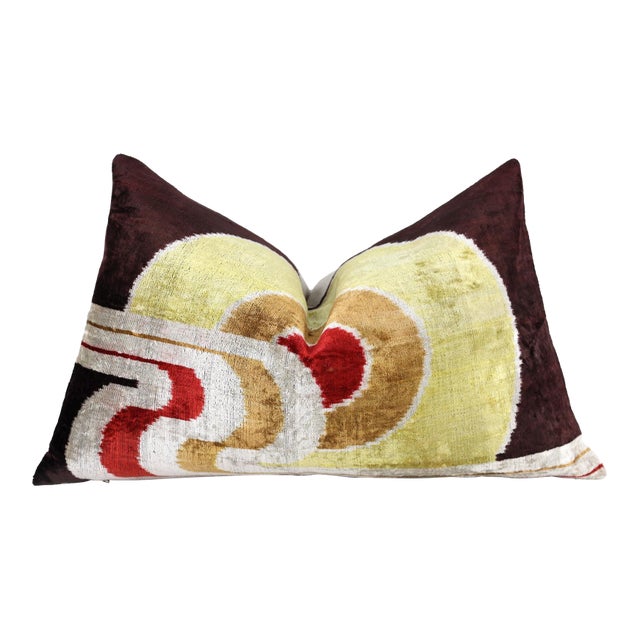 Retro Circle Silk Velvet Pillow 16x24 – Gold, Red & Maroon Luxe For Sale