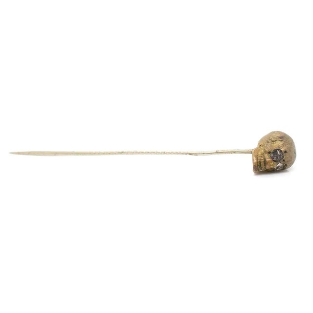 Old or Antique Estate Bronze Skull Memento Mori Stick Pin With Glass Eyes For Sale - Image 11 of 12