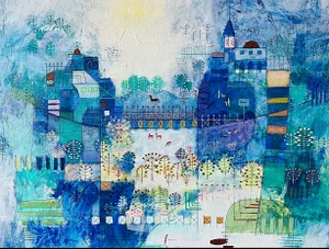 Vintage Mid Century Large Chinese Modernist Artist Heshi Yu Intricate Naive Abstract Village Paul Klee Style Oil Painting