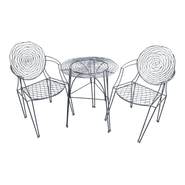 Modernist 3 Piece Iron Patio Furniture Set With Rose Pattern For Sale
