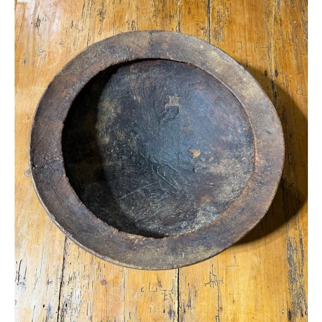 Folk Art Antique Primitive Hand-Carved Wooden Bowl With Original Hanging Handle and Folk Art Repairs For Sale - Image 3 of 12