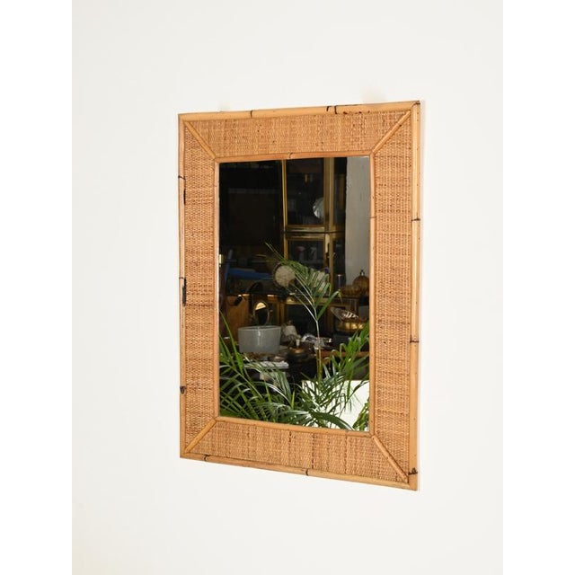Large French Riviera Rectangular Mirror in Bamboo and Woven Rattan, Italy, 1970s For Sale - Image 4 of 11