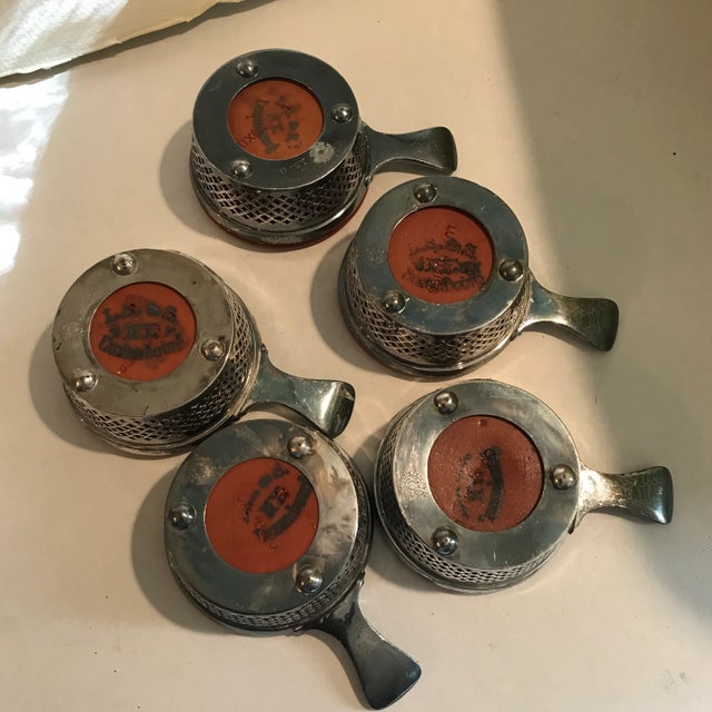 Late 1800s unusual antique baked custard pottery set of 5 contains silver plate serving holder for each. The holders are...