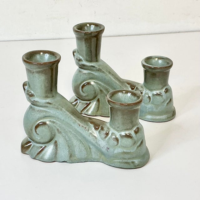 1950s Vintage Boho Chic Americana Arts & Crafts Frankoma Pottery Double Arm Candlestick Holders - A Pair For Sale - Image 4 of 18