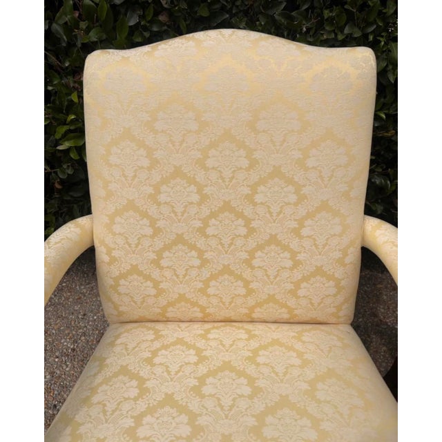 Late 20th Century Traditional Pale Buttercream Yellow Damask Carved Mahogany Martha Washington Library Living Room Chairs, a Pair For Sale - Image 5 of 12