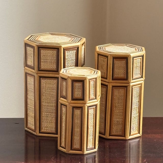1960s Bamboo & Rattan Octagonal Nesting Boxes — Set of 3 For Sale - Image 12 of 17