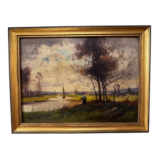 French Oil on Canvas Pastoral Scene Woman by Water For Sale