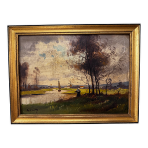 French Pastoral Scene Woman by Water