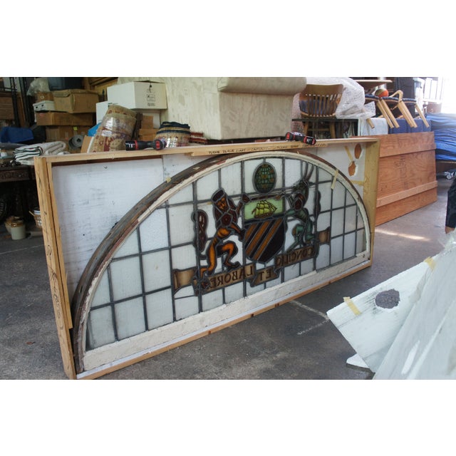 Set of 2 Antique Manchester English Stained Glass Palladian Windows Coat of Arms For Sale - Image 9 of 12