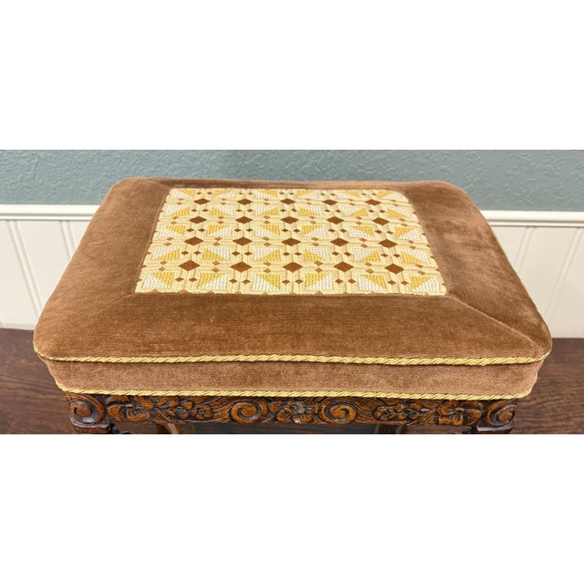 Antique English Jacobean Upholstered Bench Stool Carved Oak C. 1930s For Sale - Image 9 of 16