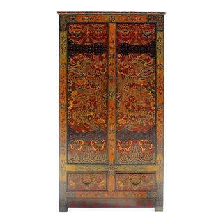 Chinese Tibetan Dragon Flower Graphic Tall Armories Wardrobe Cabinet For Sale